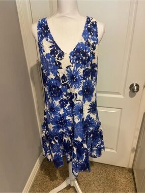 Trina Turk Blue and White Floral Sleeveless V-Neck Dress